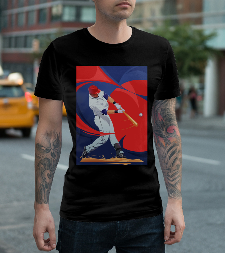 Baseball By Nik Player Swinging Red And Blue Dynamic Action T-Shirt