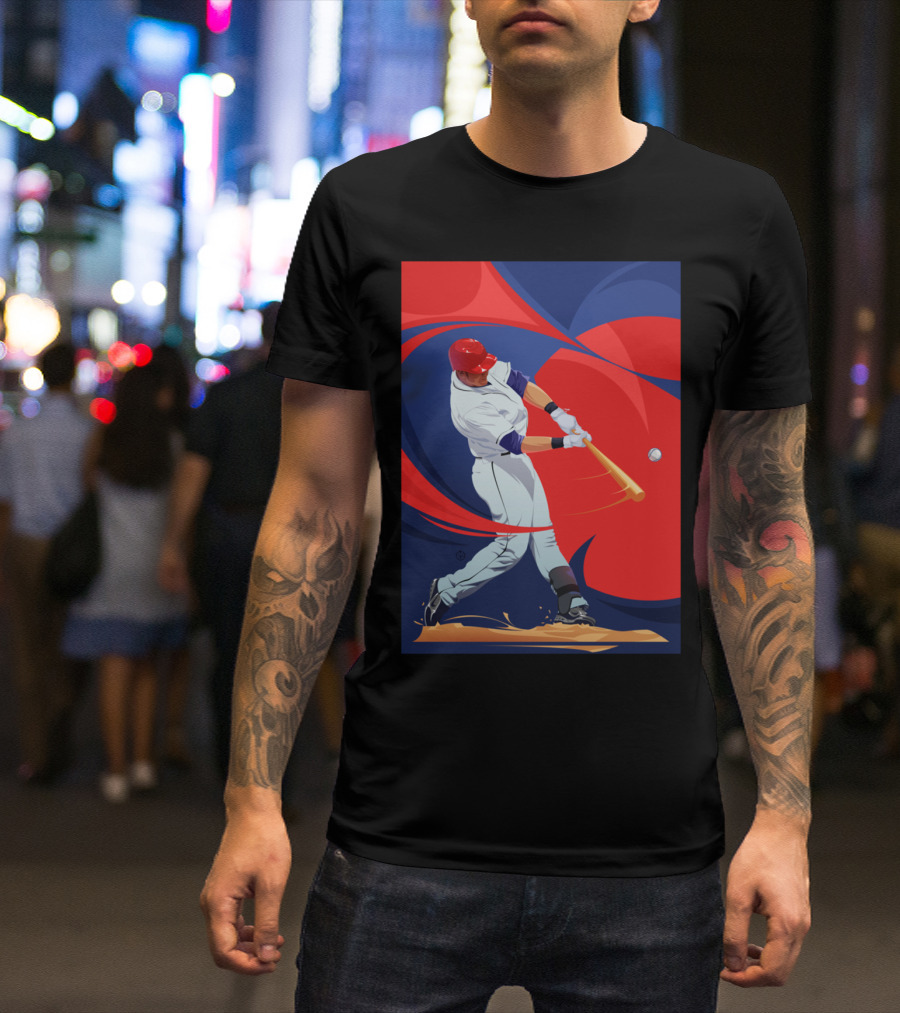 Baseball By Nik Player Swinging Red And Blue Dynamic Action T-Shirt