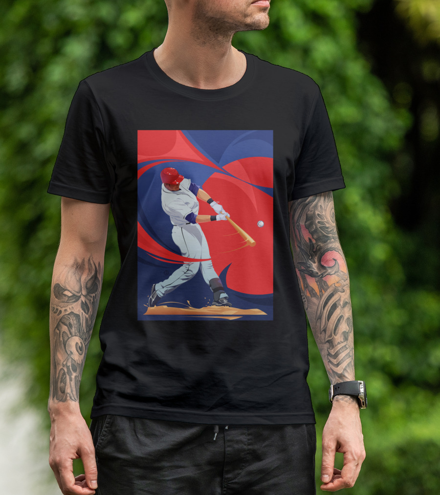 Baseball By Nik Player Swinging Red And Blue Dynamic Action T-Shirt