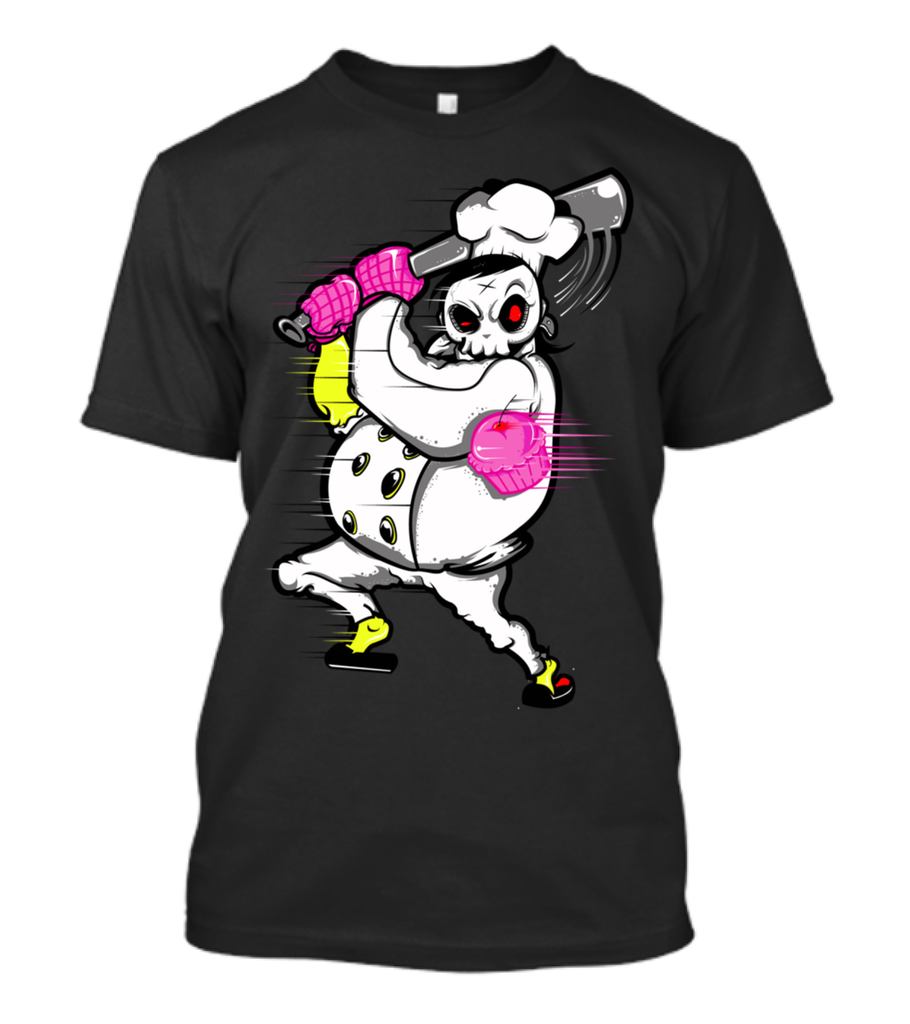 Whimsical Skeleton Chef Swings Bat Wielding Cupcake Gloves T-Shirt