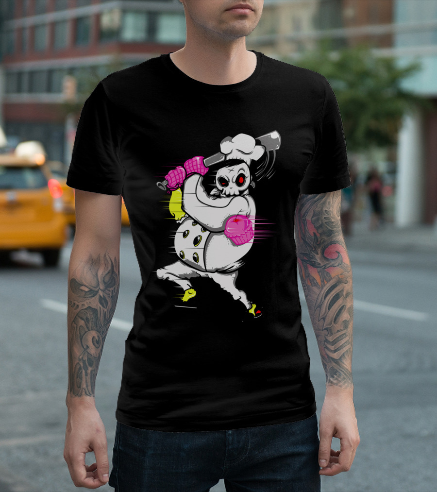 Whimsical Skeleton Chef Swings Bat Wielding Cupcake Gloves T-Shirt