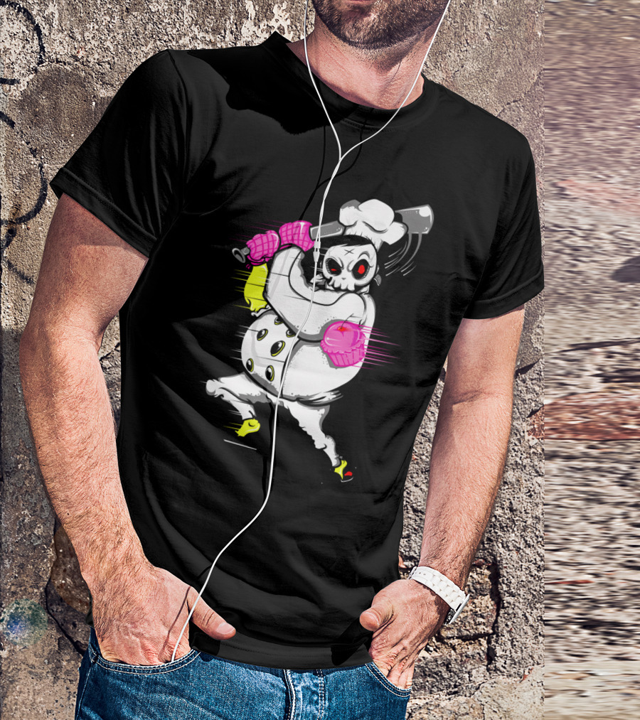 Whimsical Skeleton Chef Swings Bat Wielding Cupcake Gloves T-Shirt