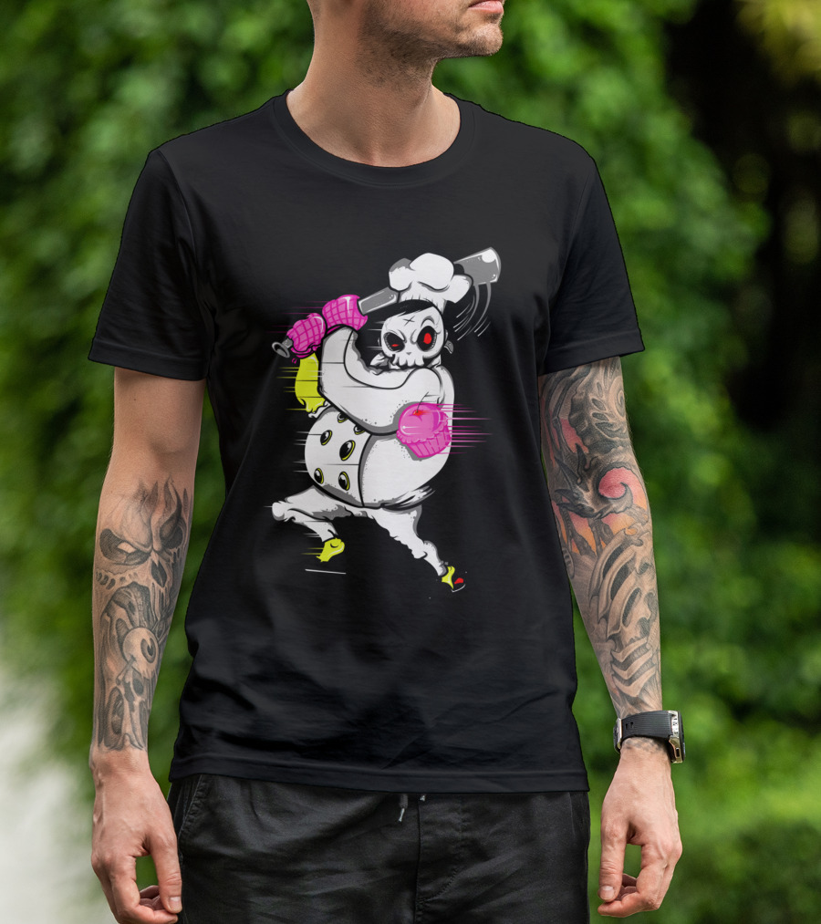 Whimsical Skeleton Chef Swings Bat Wielding Cupcake Gloves T-Shirt