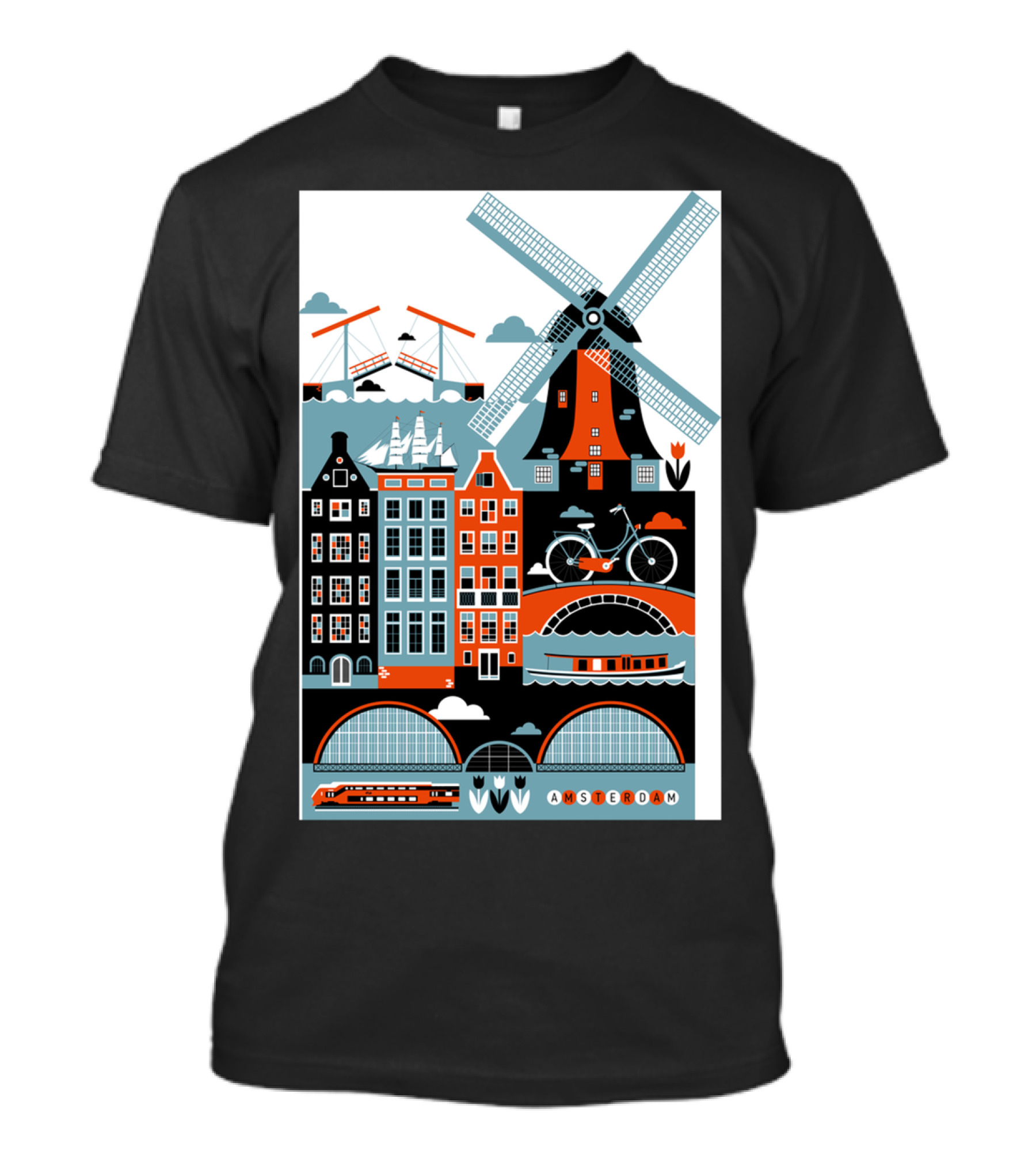 Amsterdam Windmill Bicycle Canal Houses Tulip Boat Icons T-Shirt