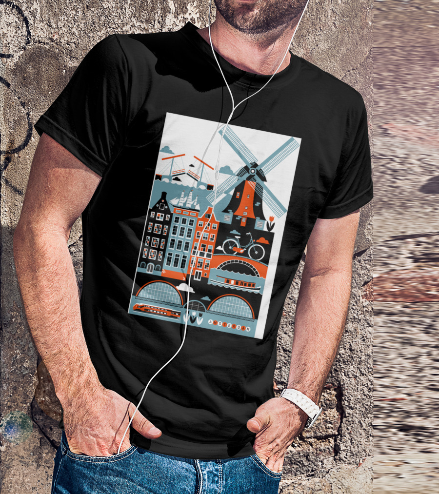 Amsterdam Windmill Bicycle Canal Houses Tulip Boat Icons T-Shirt