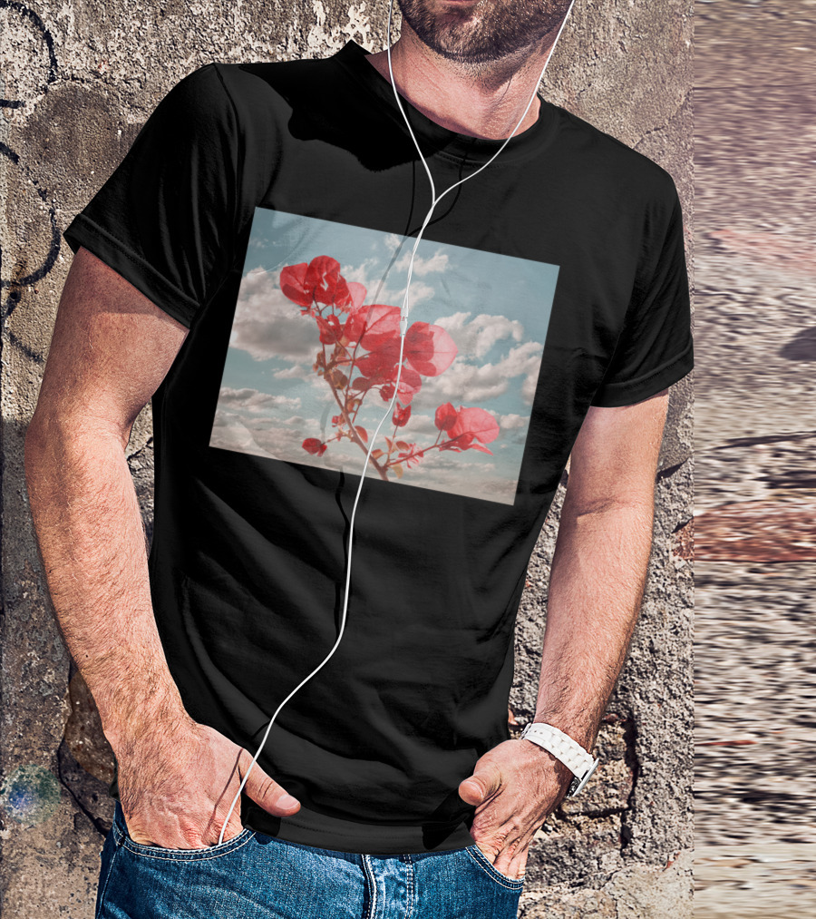 Flowers In The Sky Bougainvillea Against Blue Clouded Background T-Shirt
