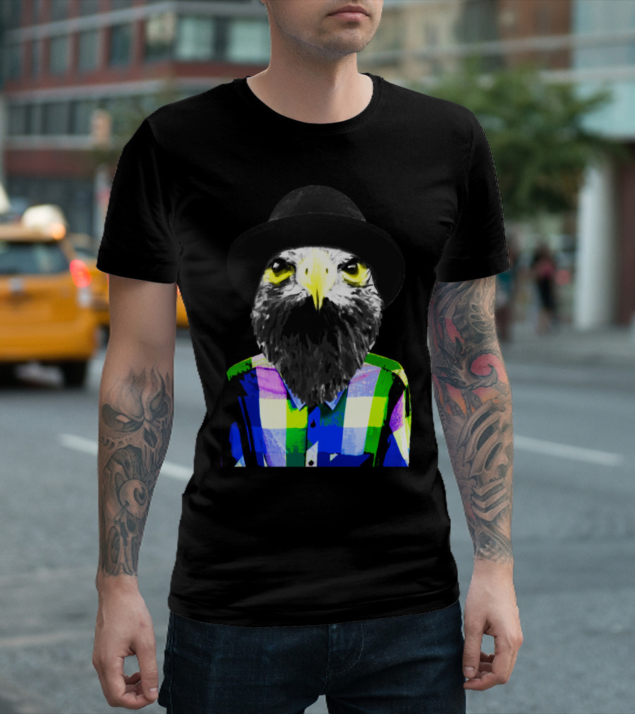 An American Eagle In Brooklyn With Hat And Plaid T-Shirt