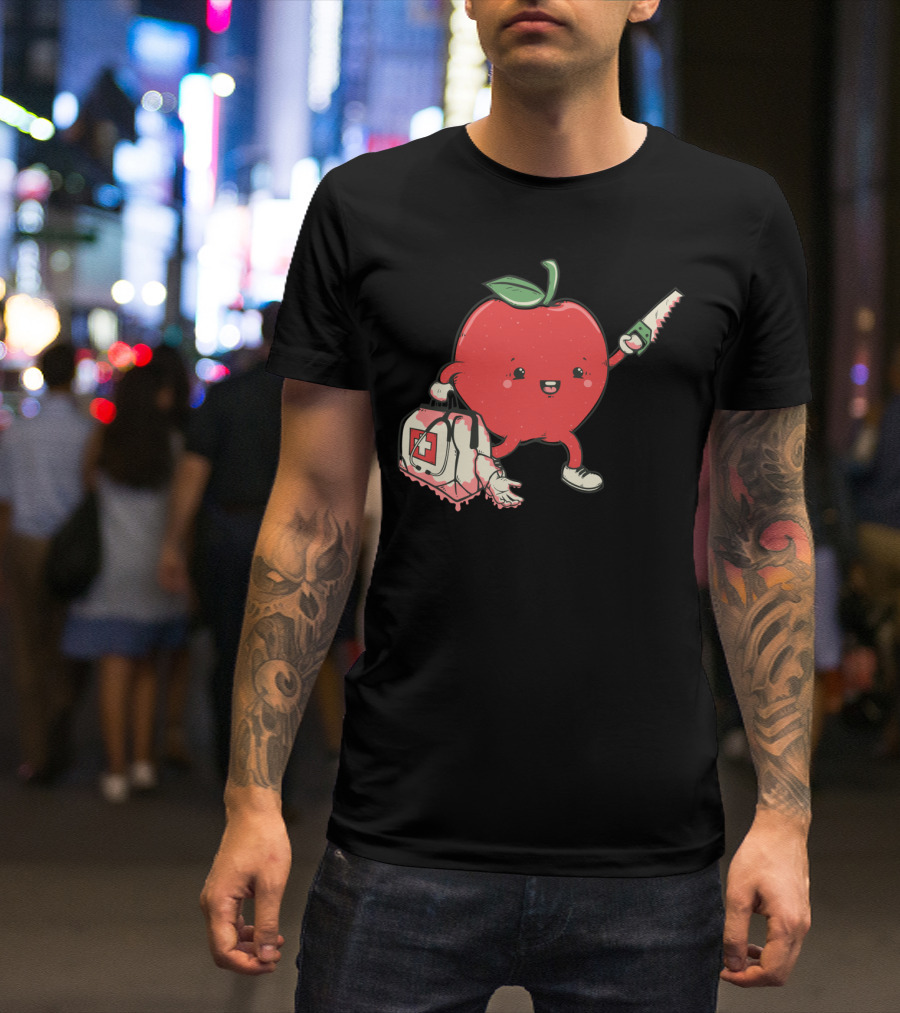 Evil Apple With Bloody Saw And Medical Bag T-Shirt