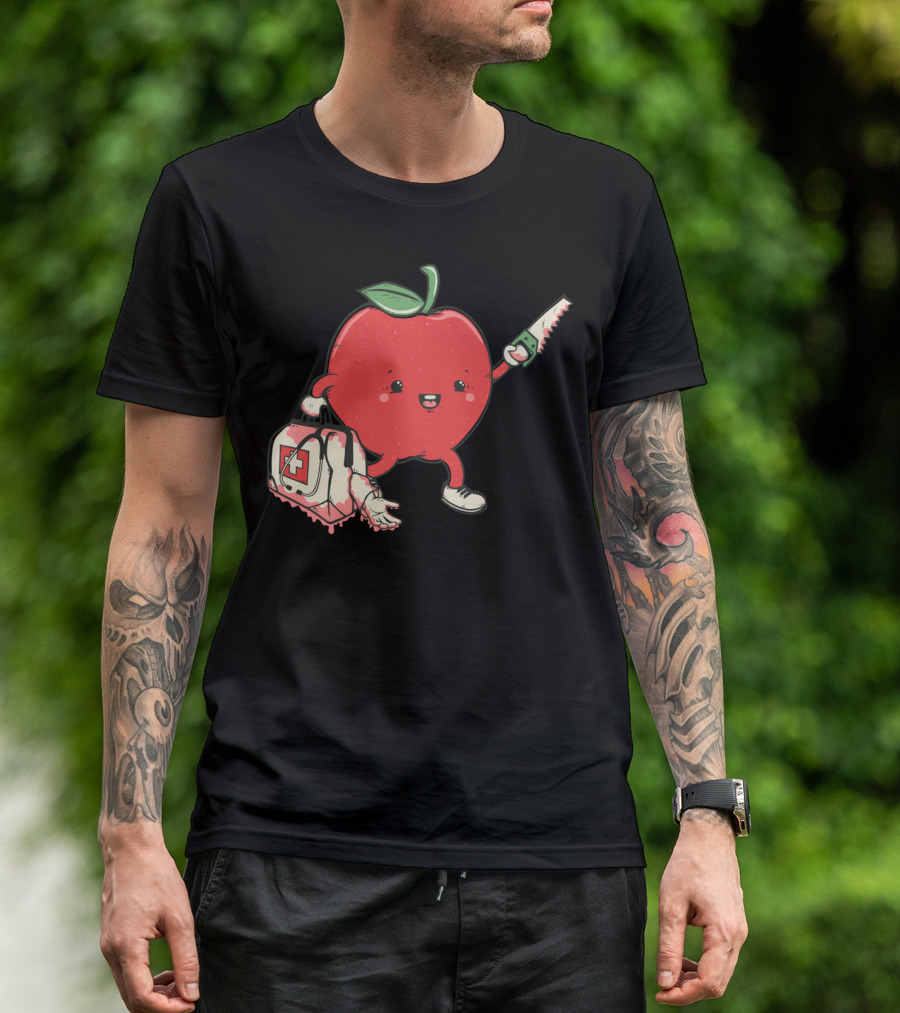 Evil Apple With Bloody Saw And Medical Bag T-Shirt
