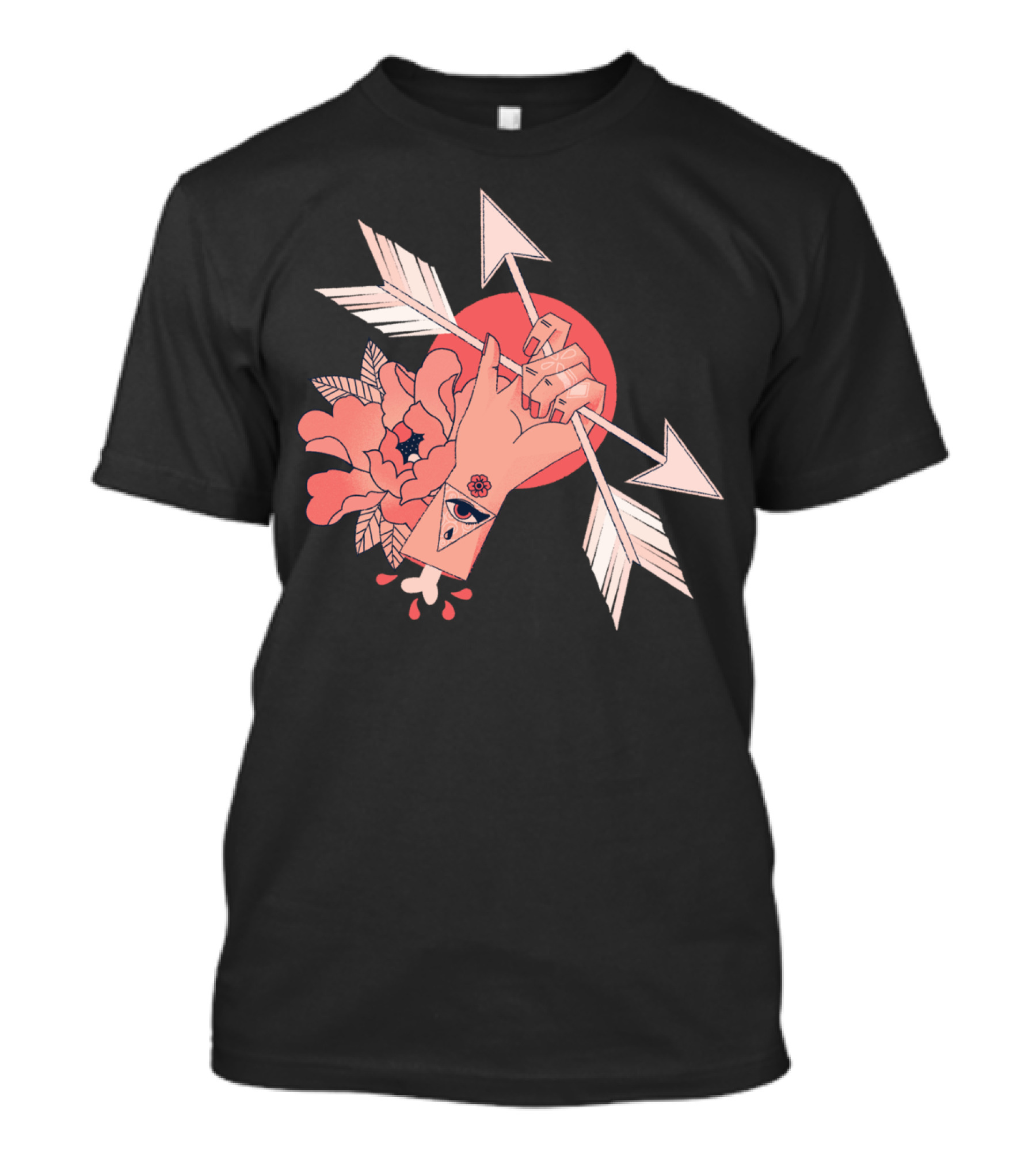 An Arrow Through Hand With Floral And Eye Symbol Background T-Shirt