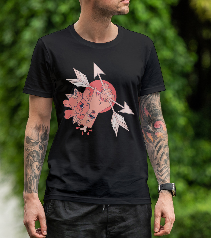 An Arrow Through Hand With Floral And Eye Symbol Background T-Shirt