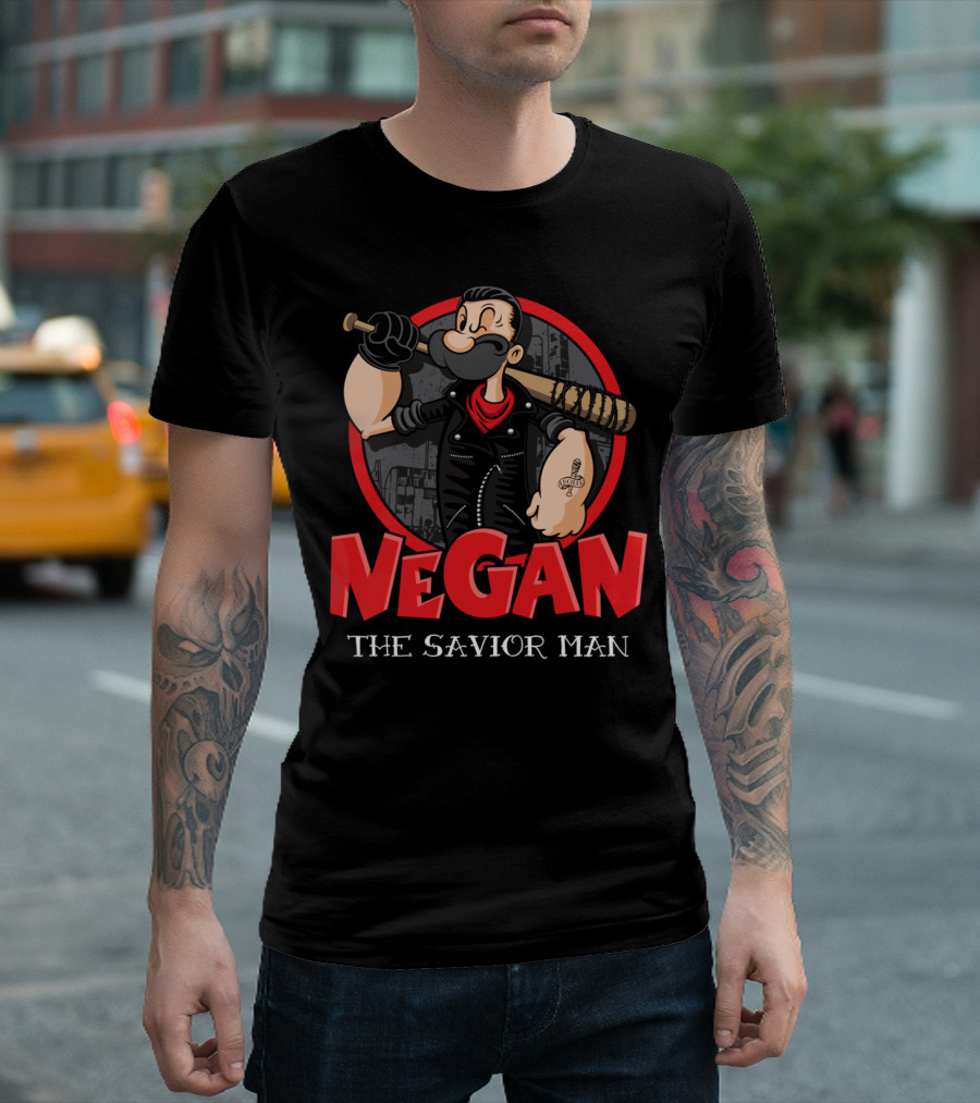 Negan The Savior Man Cartoon Character With Bat And Tattoo T-Shirt
