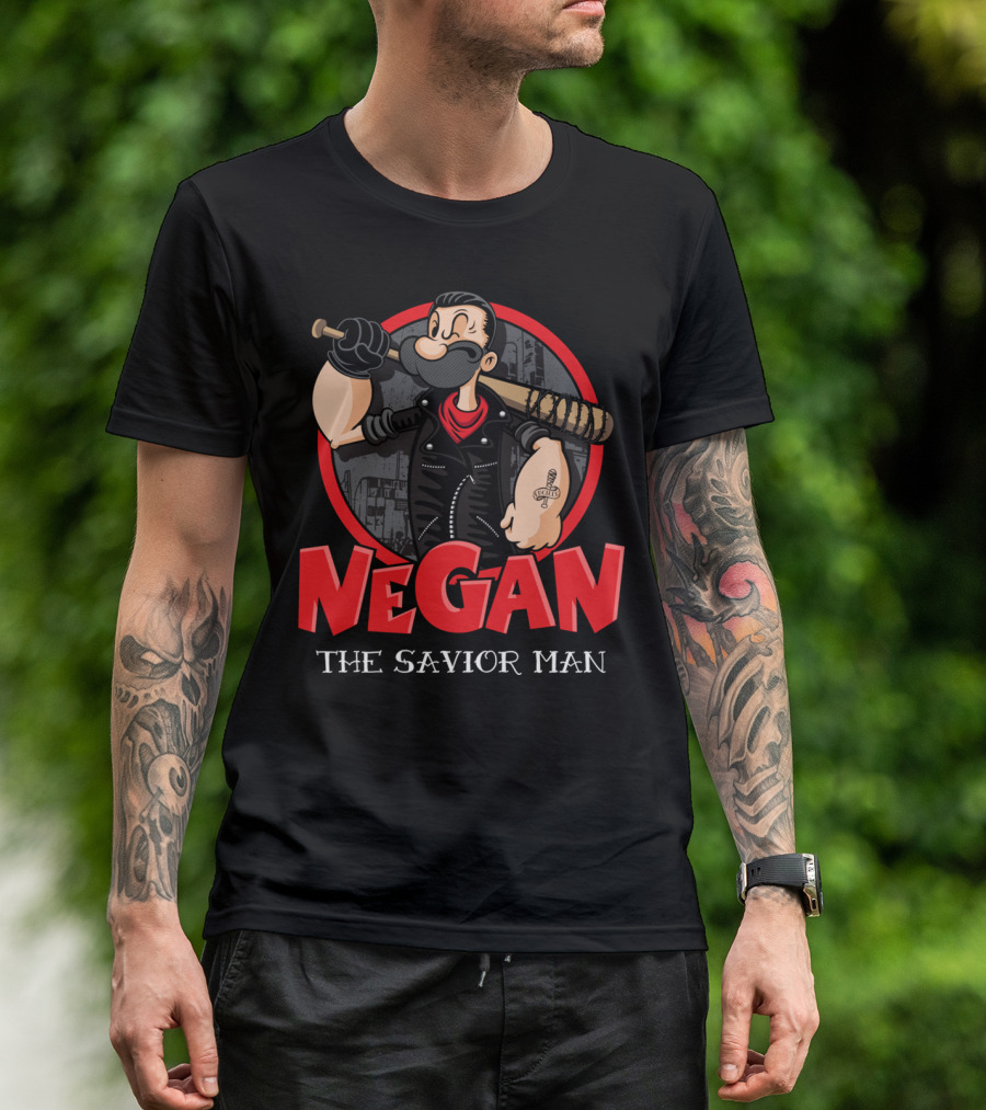 Negan The Savior Man Cartoon Character With Bat And Tattoo T-Shirt