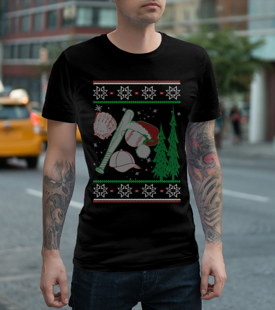 Christmas Baseball Bat Glove Cap Tree Snowflakes T-Shirt