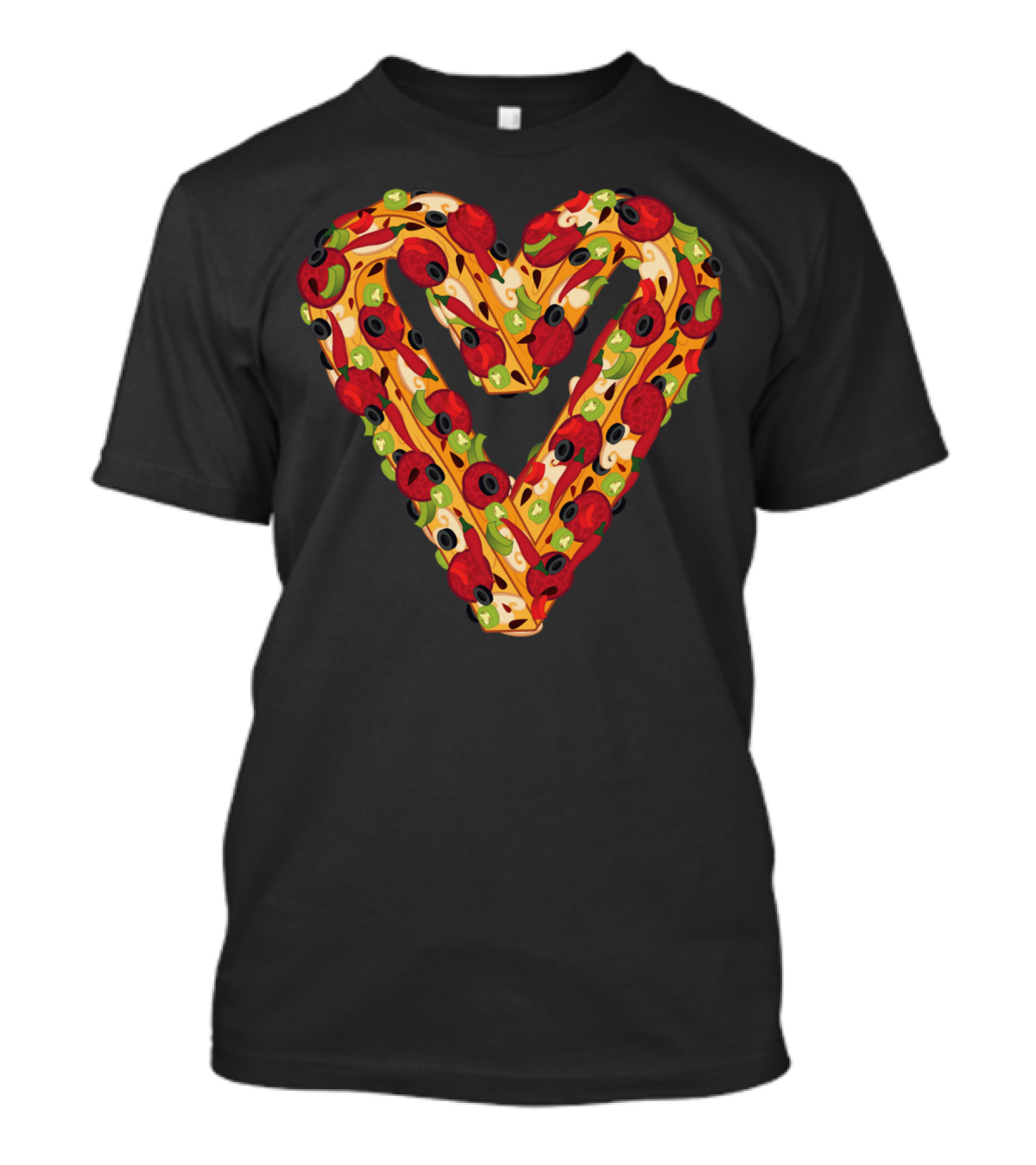 Heart Shaped Pizza Slice Pattern With Peppers And Olives T-Shirt