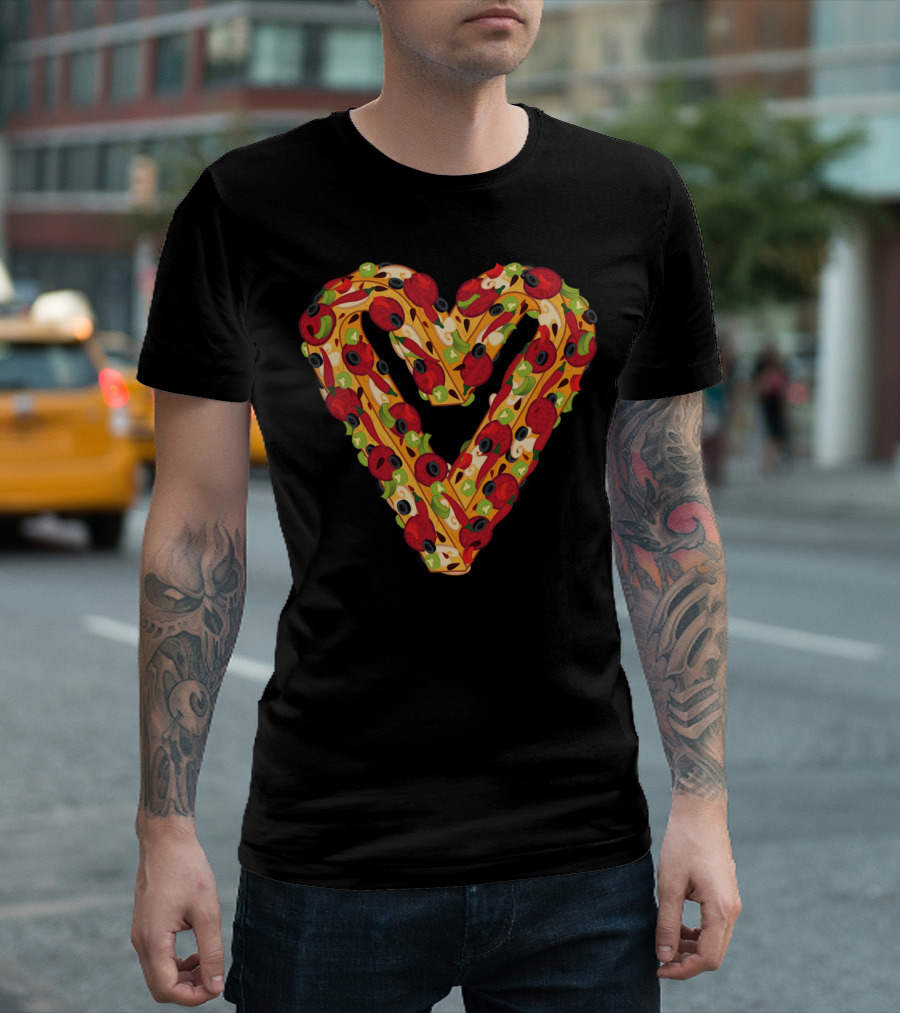Heart Shaped Pizza Slice Pattern with Peppers and Olives T-Shirt