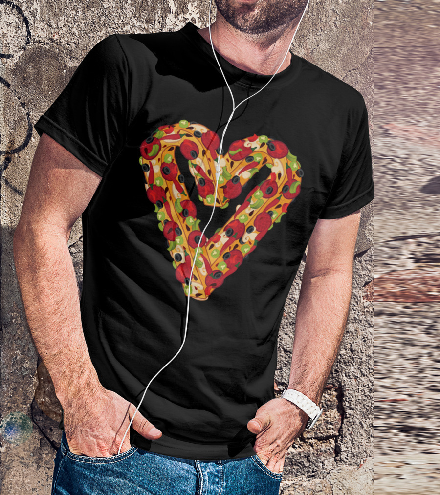 Heart Shaped Pizza Slice Pattern With Peppers And Olives T-Shirt