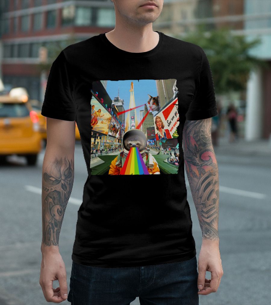 Epic Dream Space Sloth in Times Square with Rocket and Rainbow Beams T-Shirt