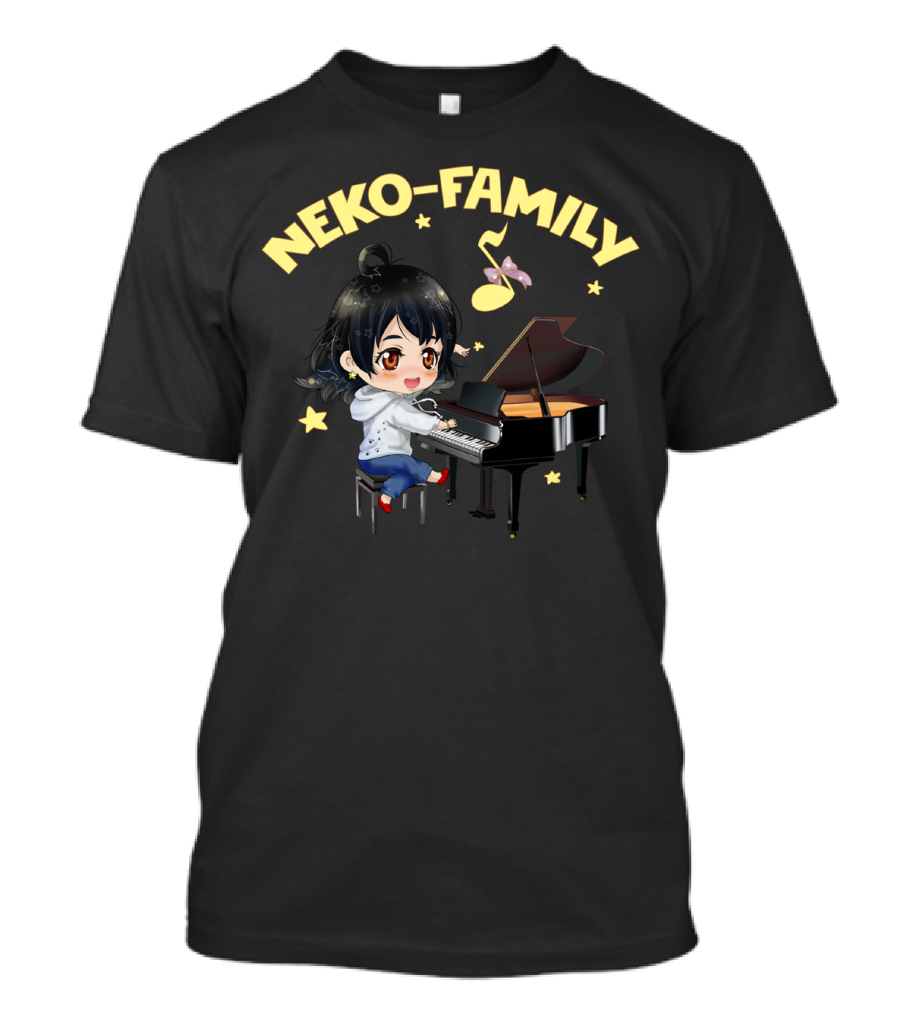 Neko Family Cute Character Playing Piano With Music Note And Stars T-Shirt