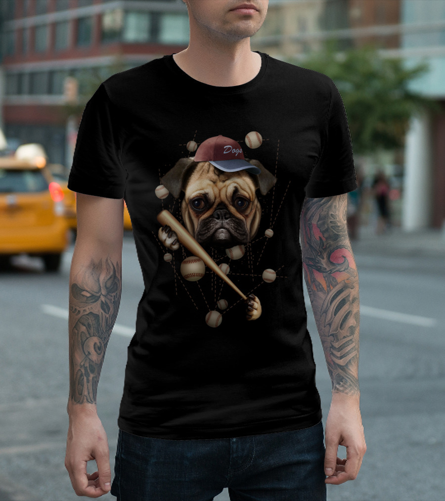 Baseball Dog With Cap and Bat Surrounded by Baseballs T-Shirt