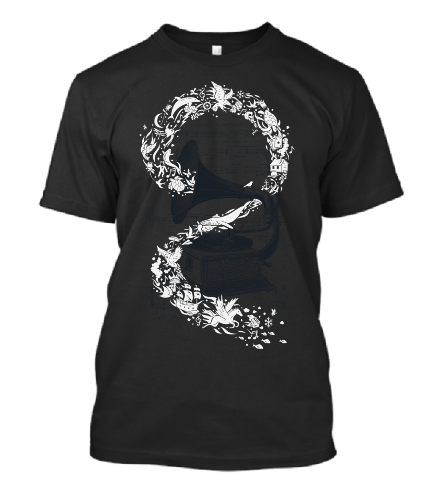 A Musical Journey: Whales, Birds, Ship, And Houses In Flowing Harmony T-Shirt