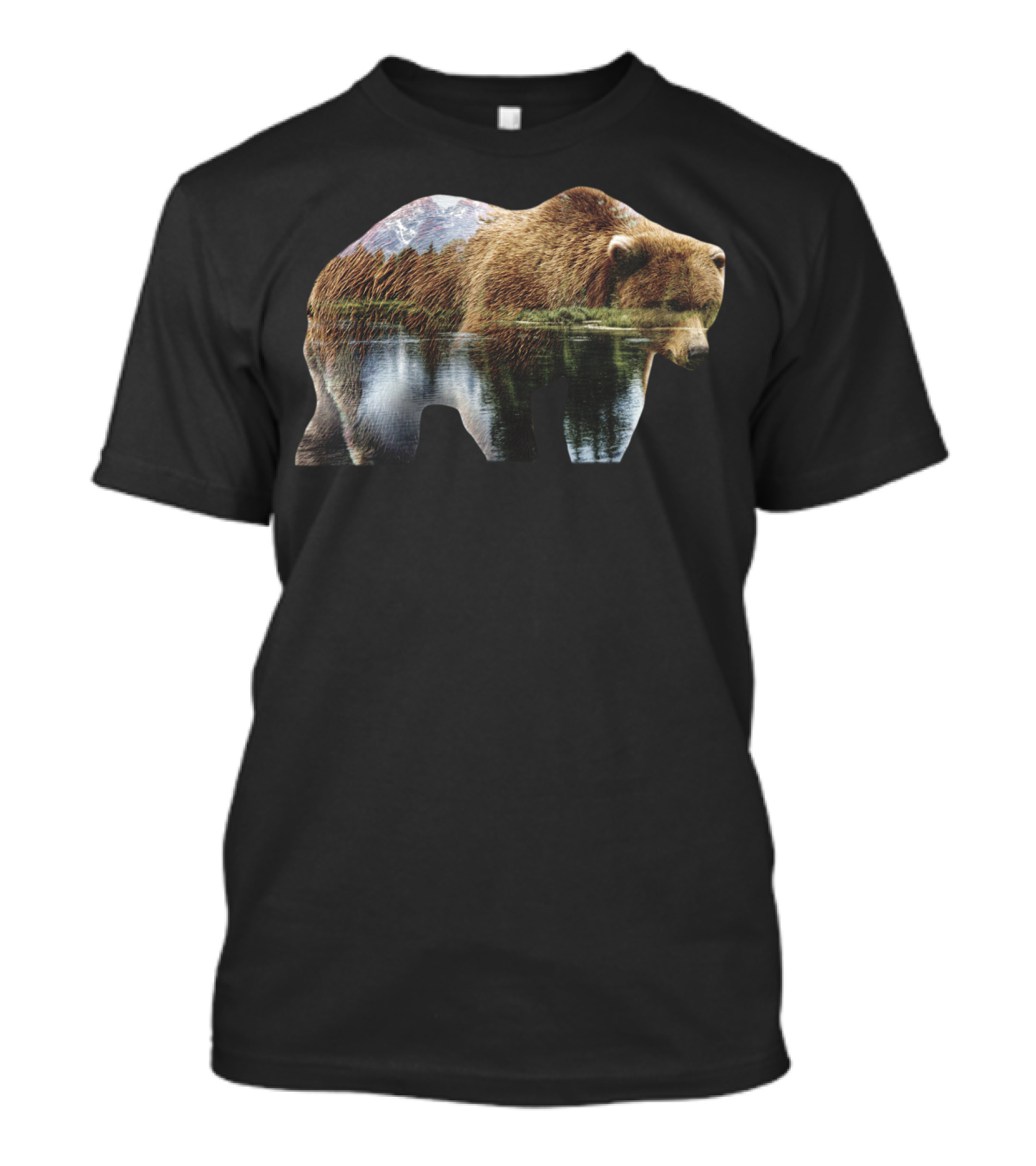 Nature Bear Double Exposure Design With River And Mountain Scenery T-Shirt