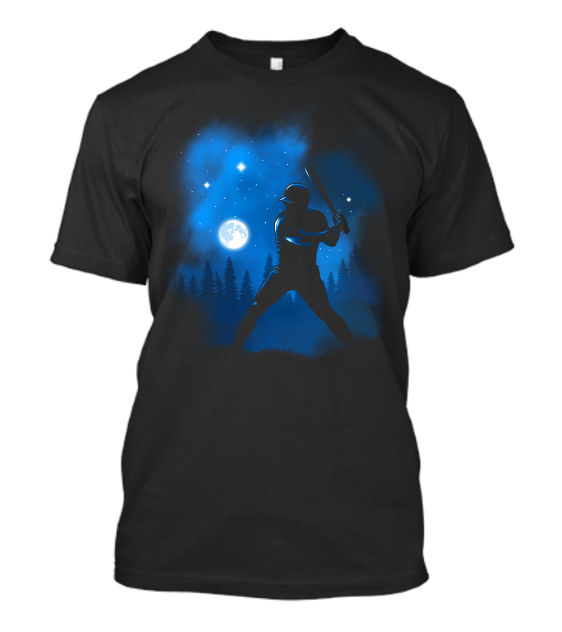 Baseball Player Silhouette Swinging Bat At Night Sky Moon And Stars T-Shirt