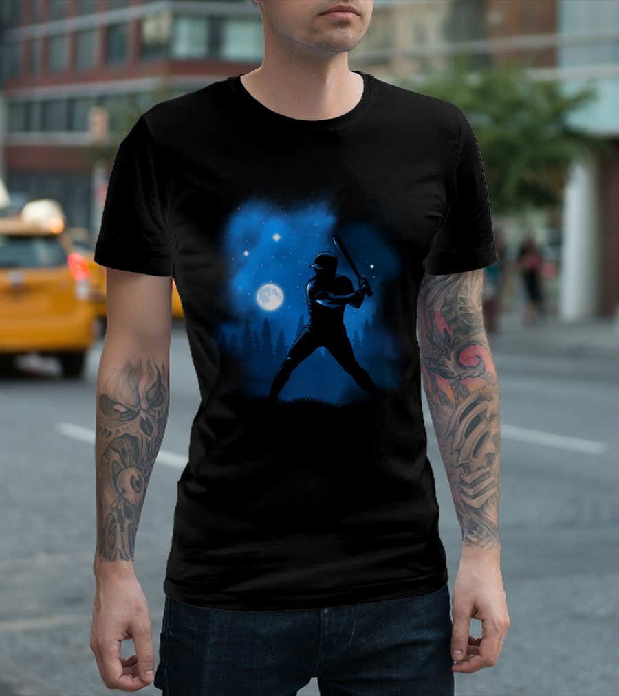 Baseball Player Silhouette Swinging Bat At Night Sky Moon And Stars T-Shirt