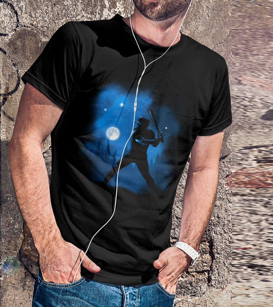 Baseball Player Silhouette Swinging Bat At Night Sky Moon And Stars T-Shirt