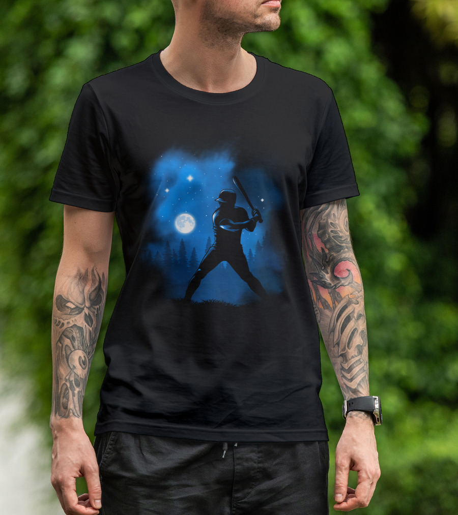 Baseball Player Silhouette Swinging Bat At Night Sky Moon And Stars T-Shirt