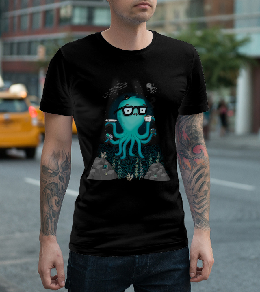 Nerdtopus Octopus with Glasses Holding Coffee and Rubik's Cube T-Shirt