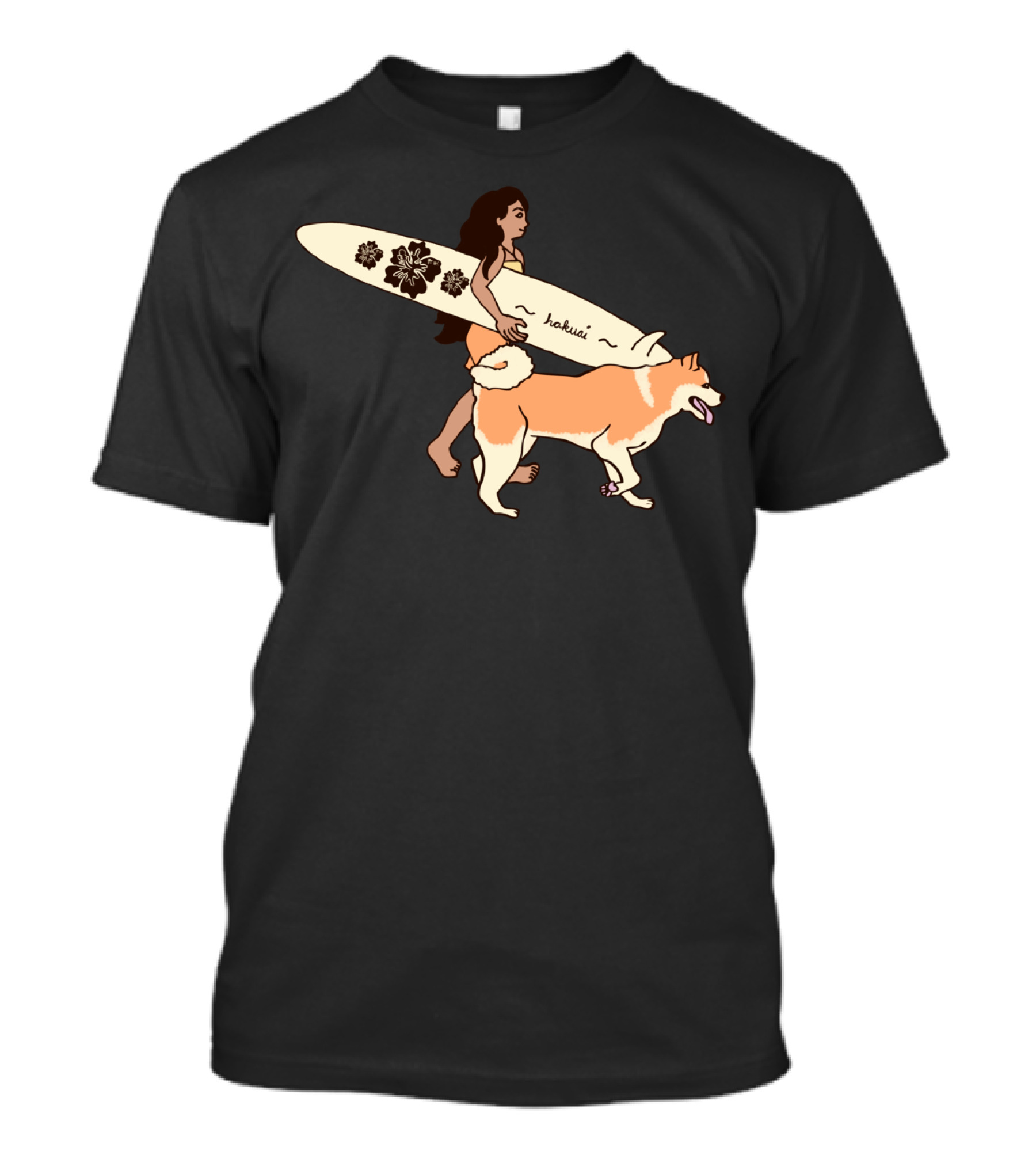 Blossurfing Hakui Surfer Girl With Dog And Floral Surfboard T-Shirt