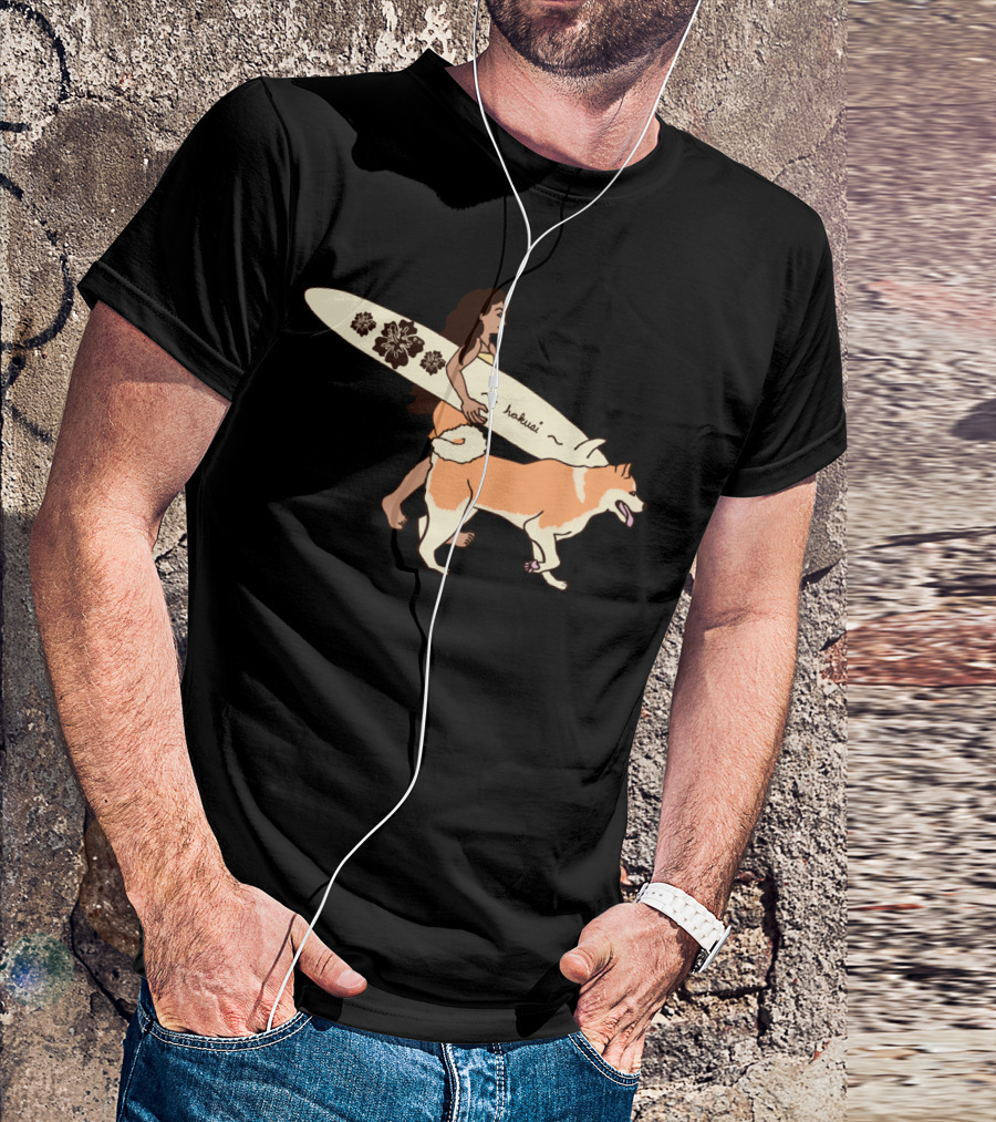 Blossurfing Hakui Surfer Girl With Dog And Floral Surfboard T-Shirt