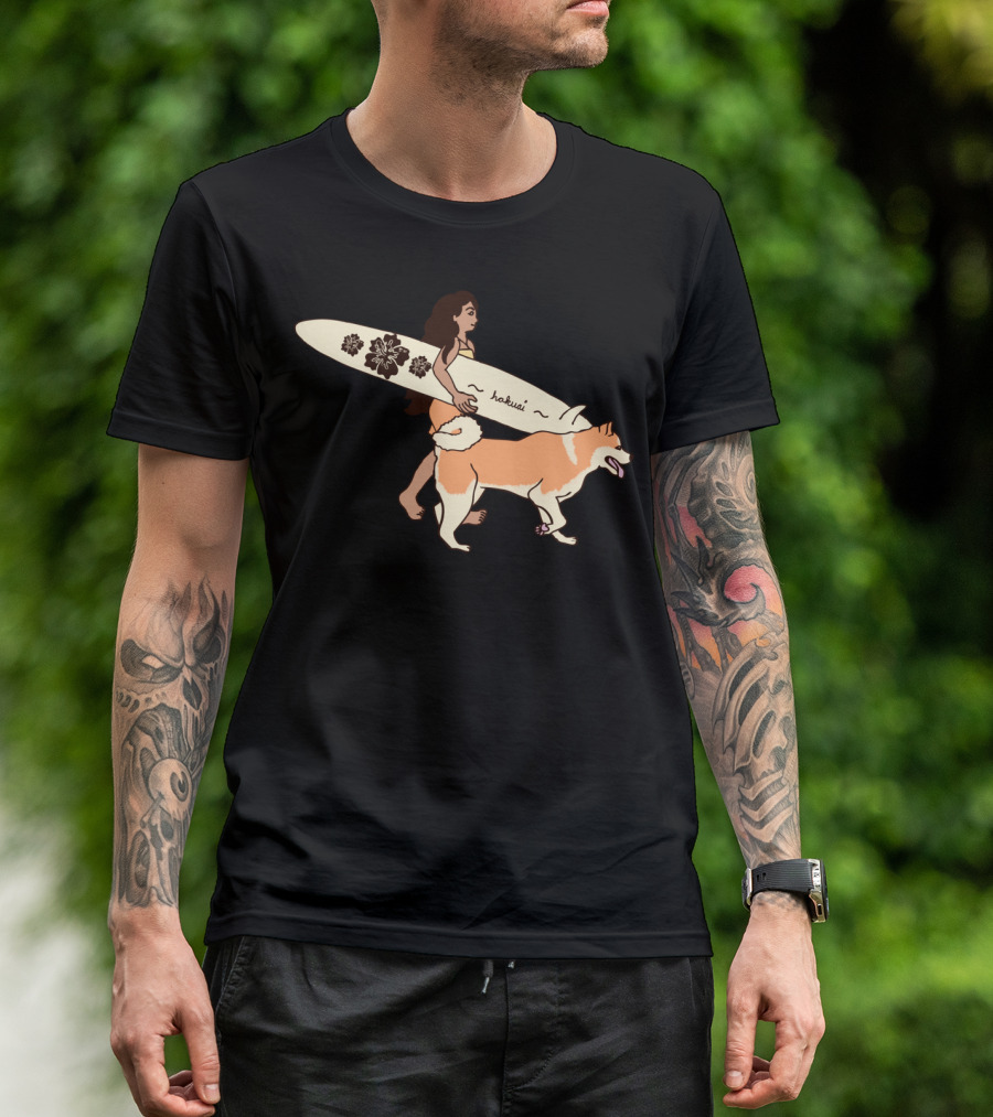 Blossurfing Hakui Surfer Girl With Dog And Floral Surfboard T-Shirt