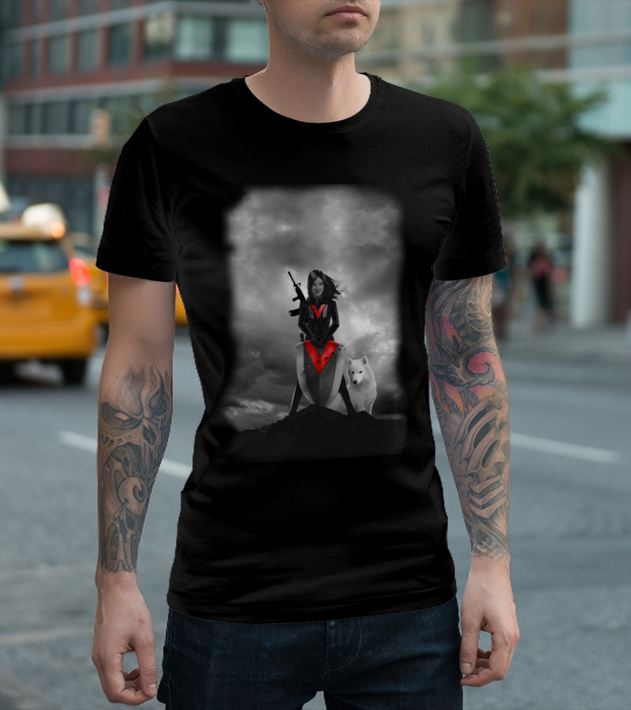 Super Vixen With Shield and White Wolf Cloudy Sky Scene T-Shirt