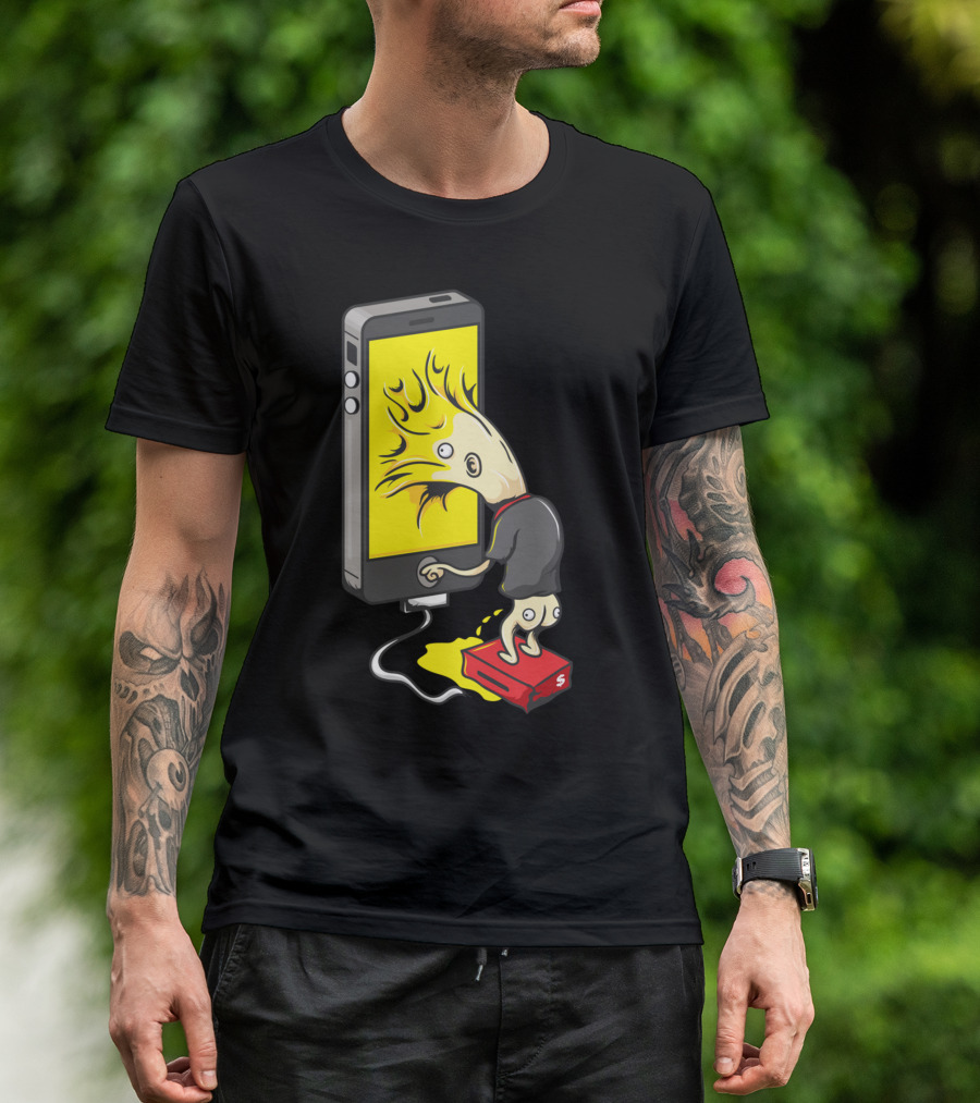Superb Glue Phone Fusion Creature With Yellow Screen And Red Shoe Plug T-Shirt