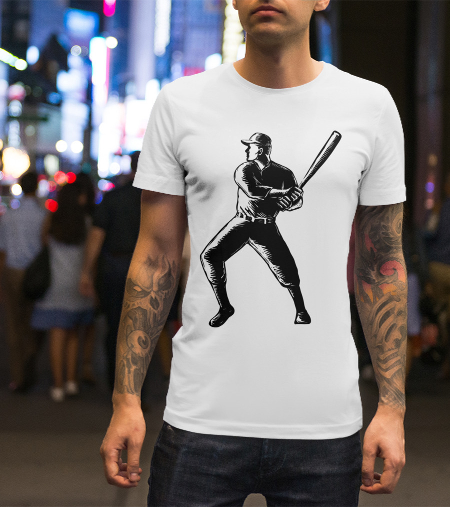 Baseball Player Batting Woodcut T-Shirt