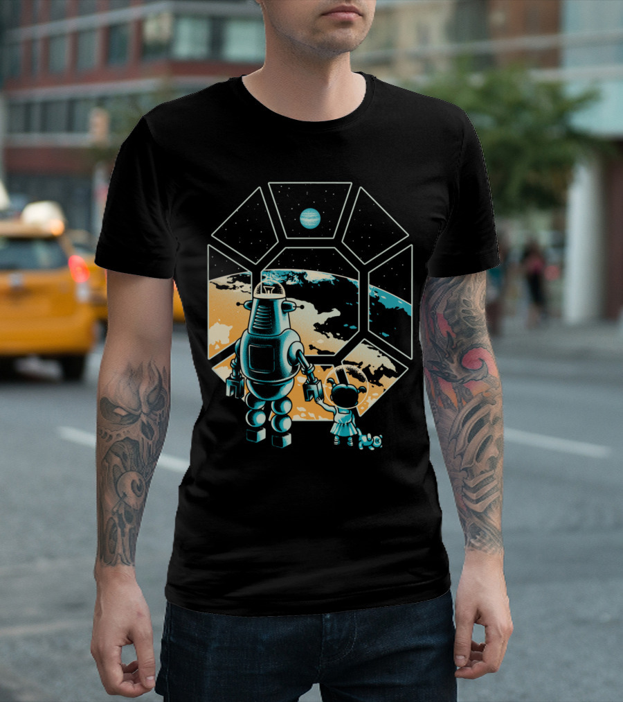 Intergalactic Adventure with Robot and Child in Space Window T-Shirt