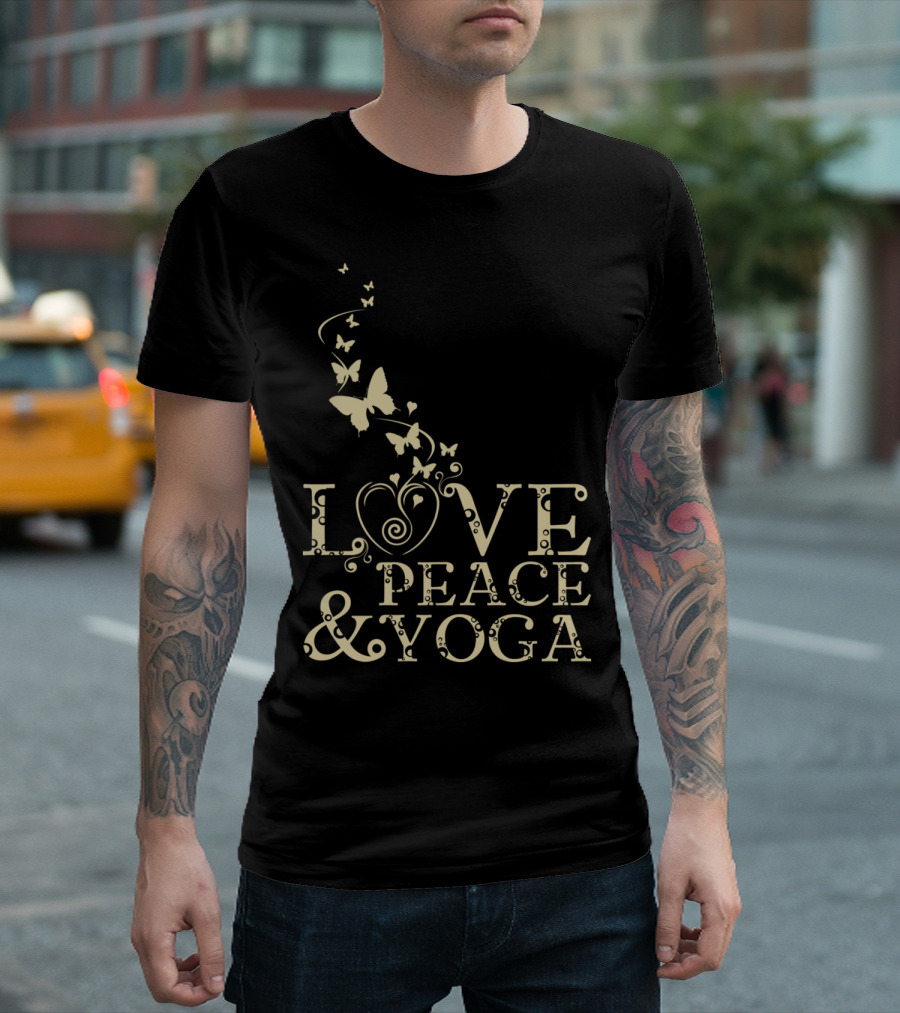 Love Peace and Yoga with Butterfly Motifs T-Shirt