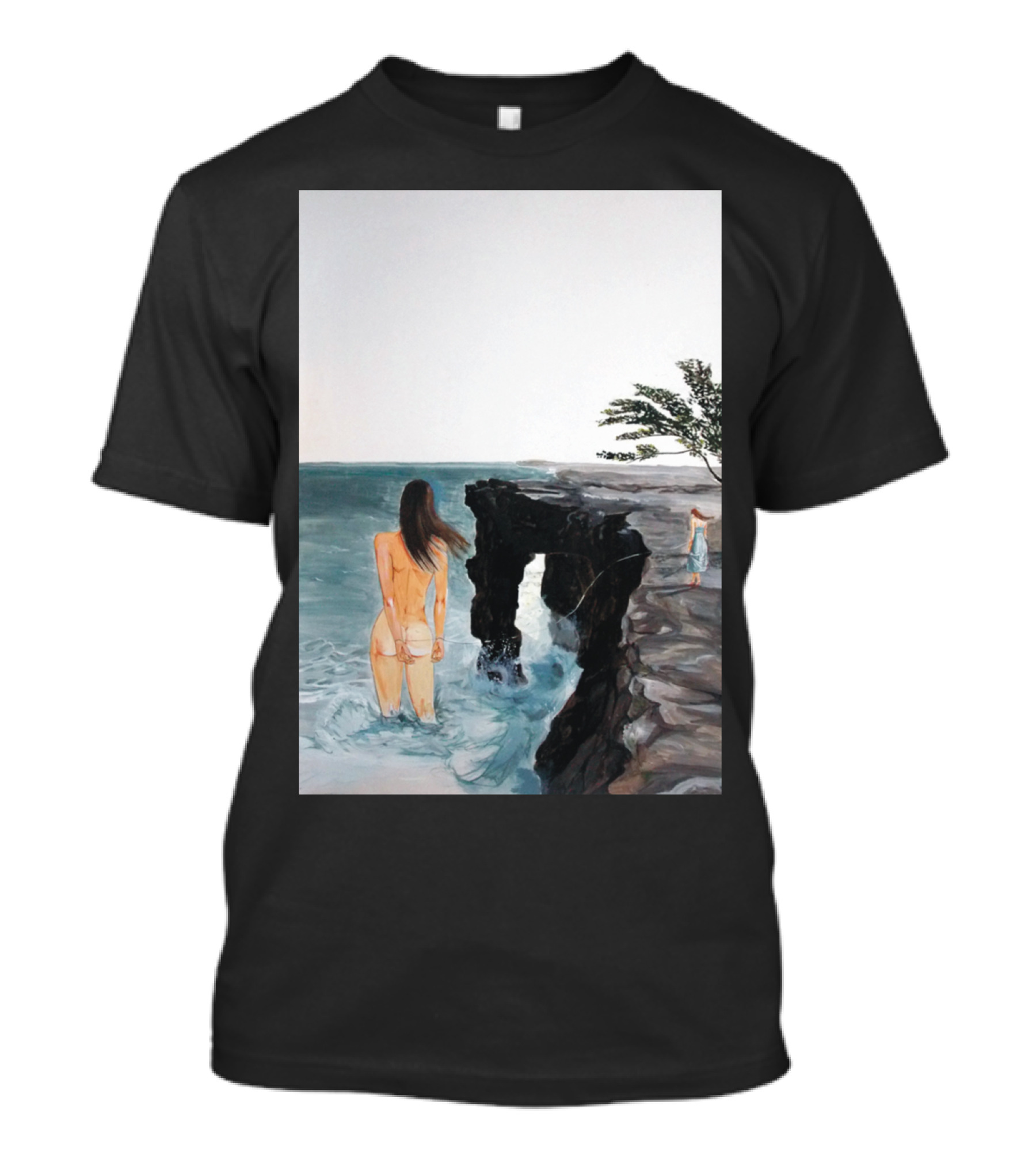 Destinies La Coastal Cliff Art With Ocean View And Woman In Water T-Shirt