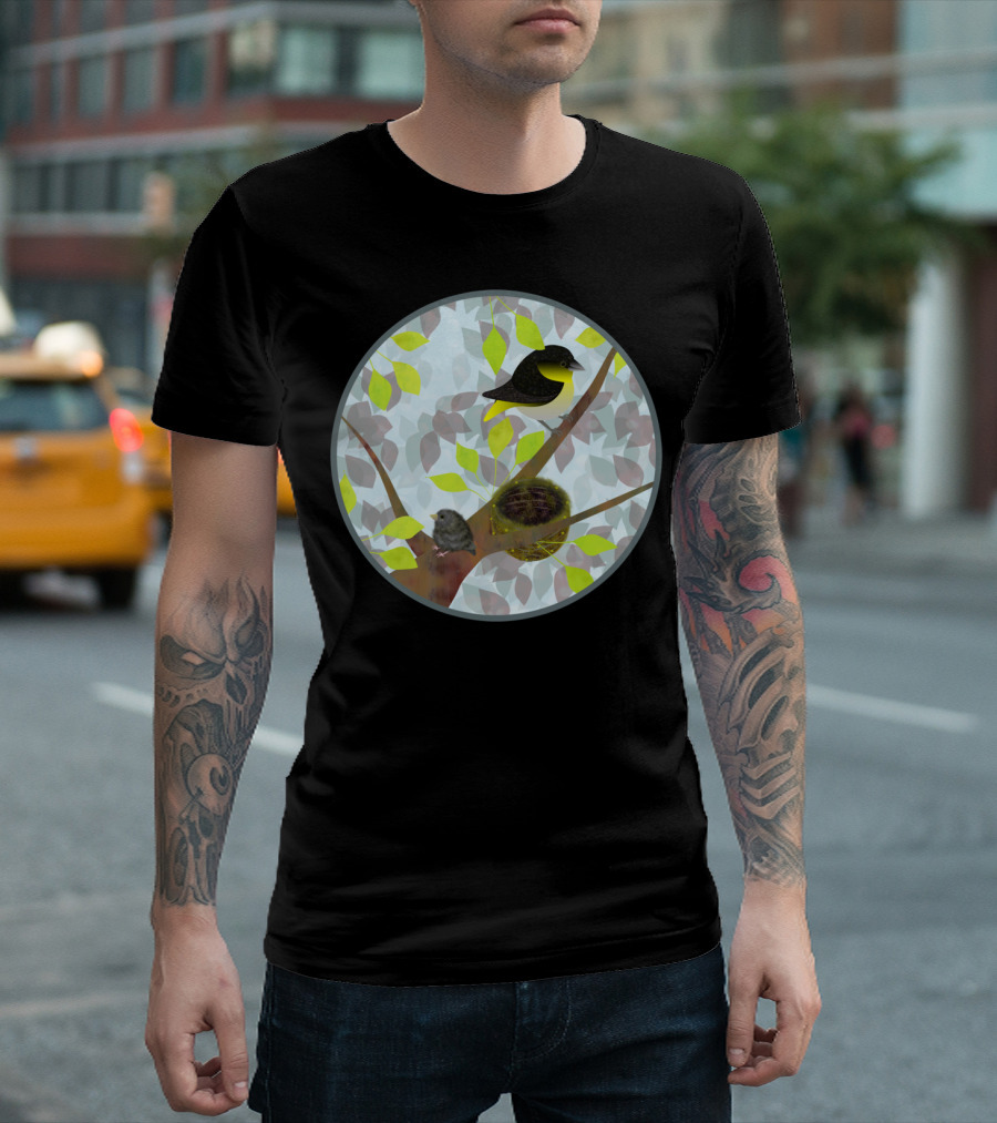 Nesting Goldfinches in Leafy Branches with Blue Sky and Nest T-Shirt