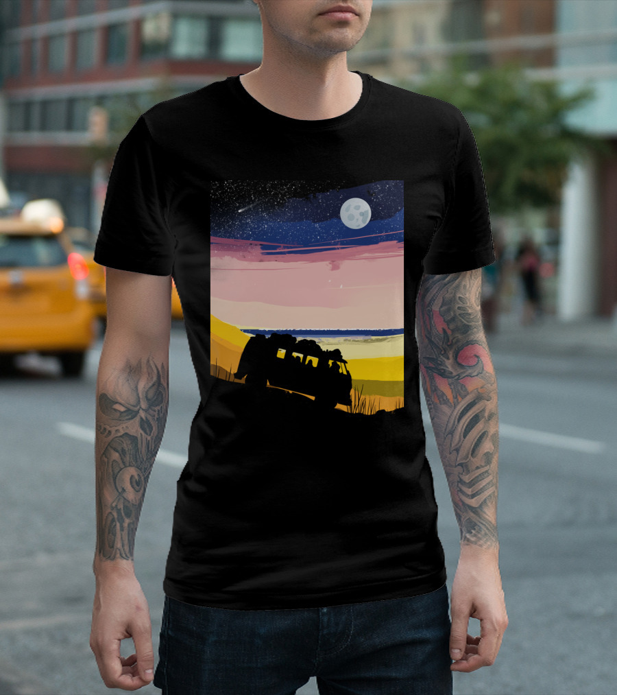 By The Sea Fullmoon Adventures Under Starry Night Beach Bus Journey T-Shirt