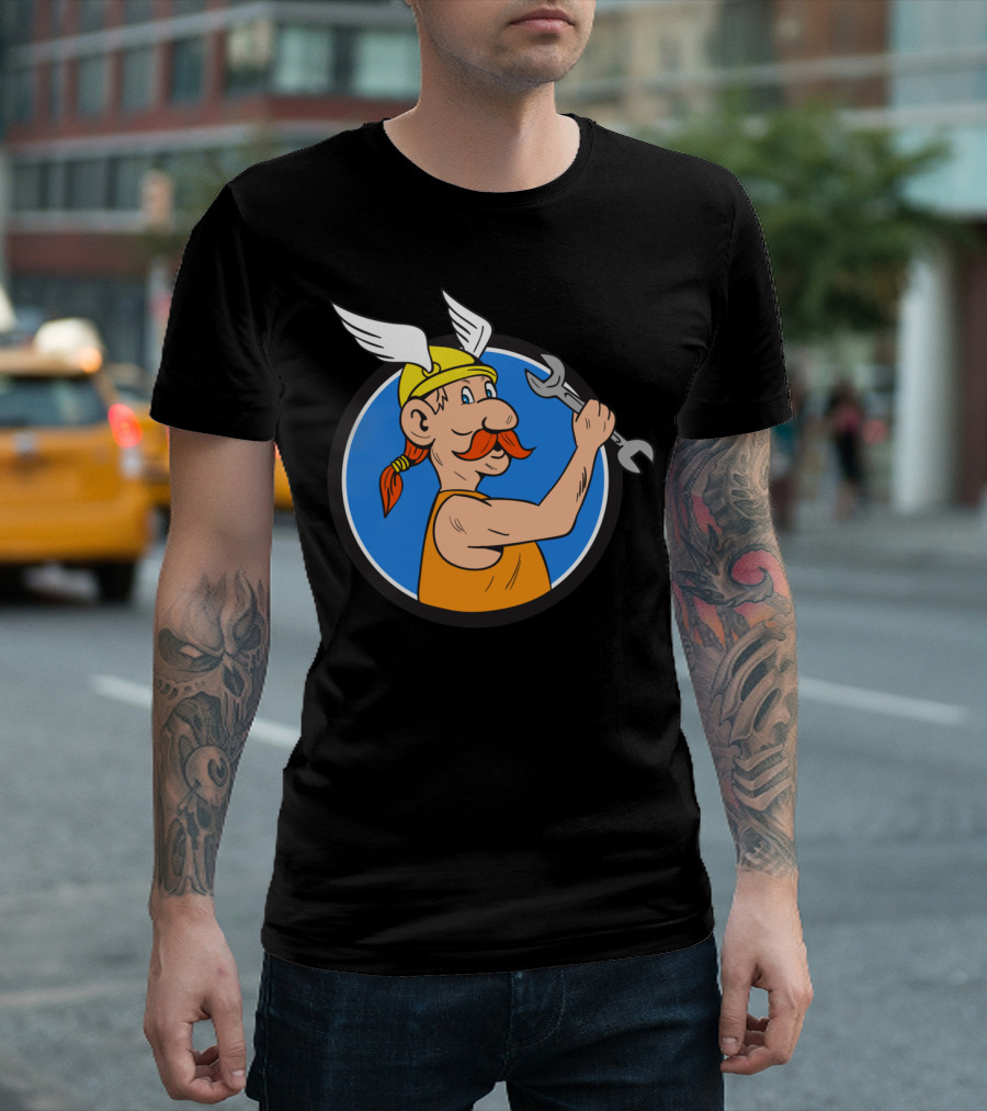 Viking Repairman with Winged Helmet Holding Spanner in Circle T-Shirt
