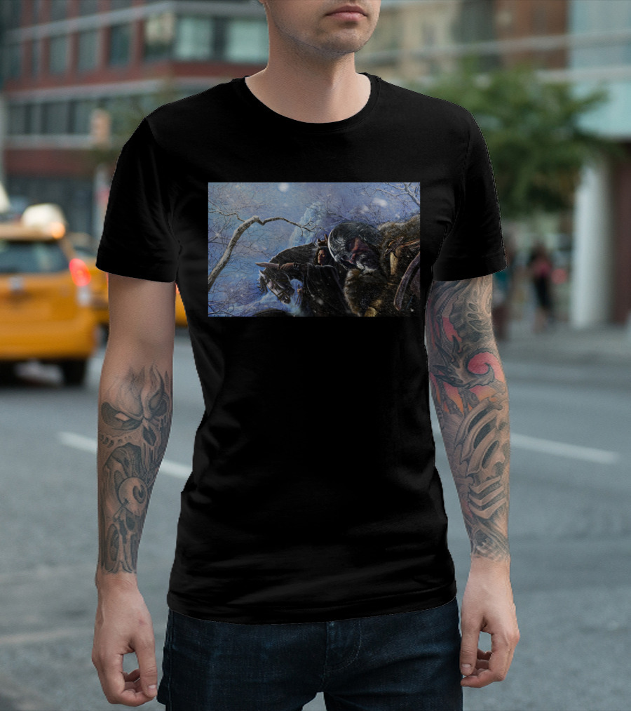 Viking Storm in Snowy Battle Scene with Warriors and Horses T-Shirt
