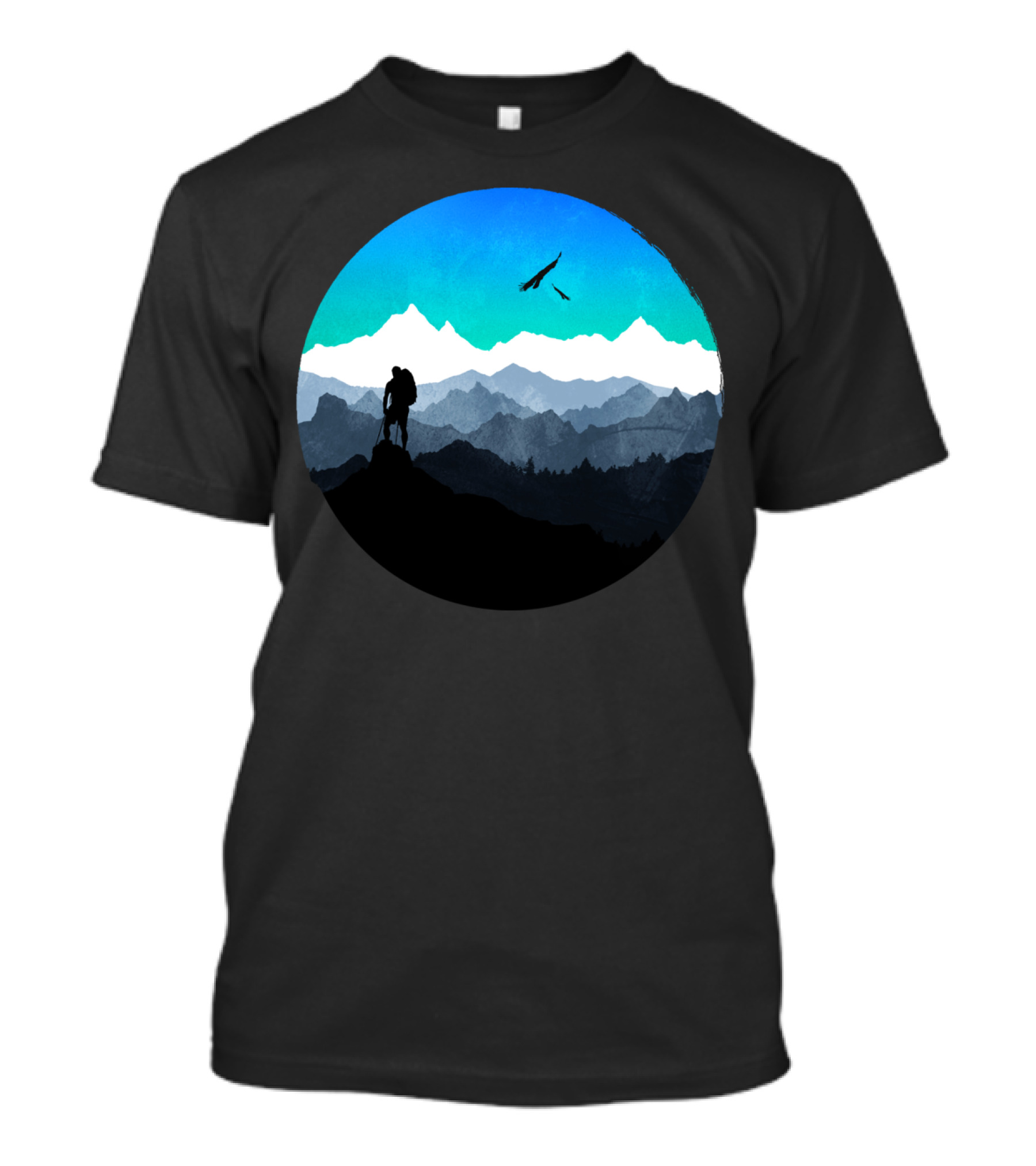 Everest Mountain Climber Silhouette With Scenic Peaks And Birds T-Shirt
