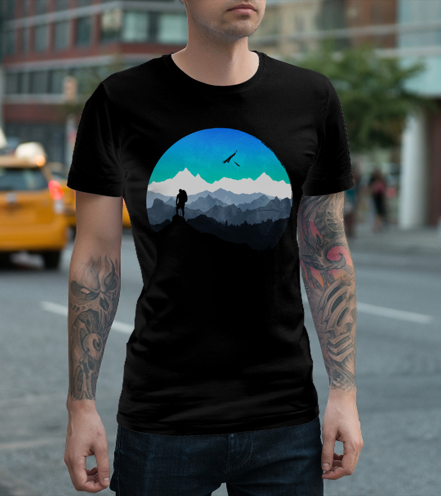 Everest Mountain Climber Silhouette With Scenic Peaks And Birds T-Shirt