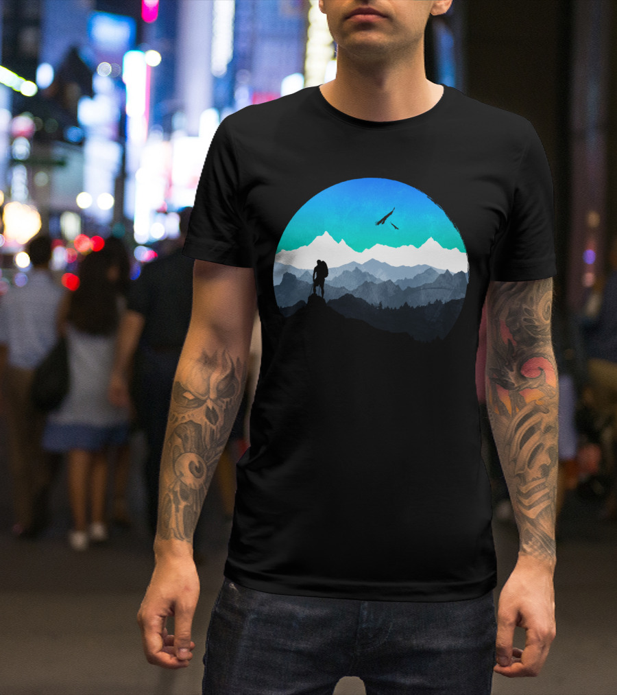 Everest Mountain Climber Silhouette With Scenic Peaks And Birds T-Shirt