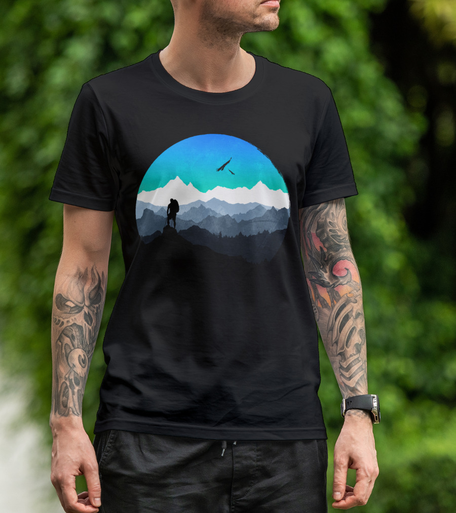 Everest Mountain Climber Silhouette With Scenic Peaks And Birds T-Shirt