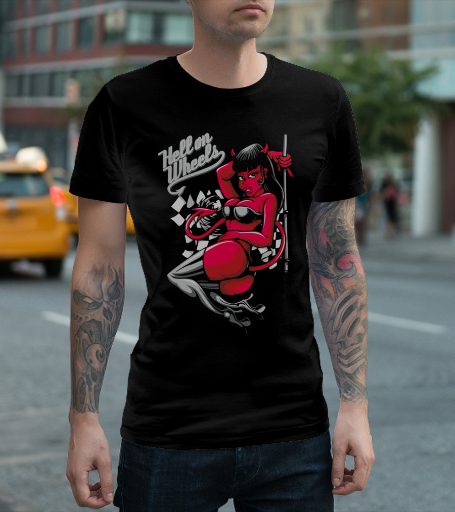 Hell On Wheels Devil Pin Up Girl with Checkered Flag and High Heels T-Shirt