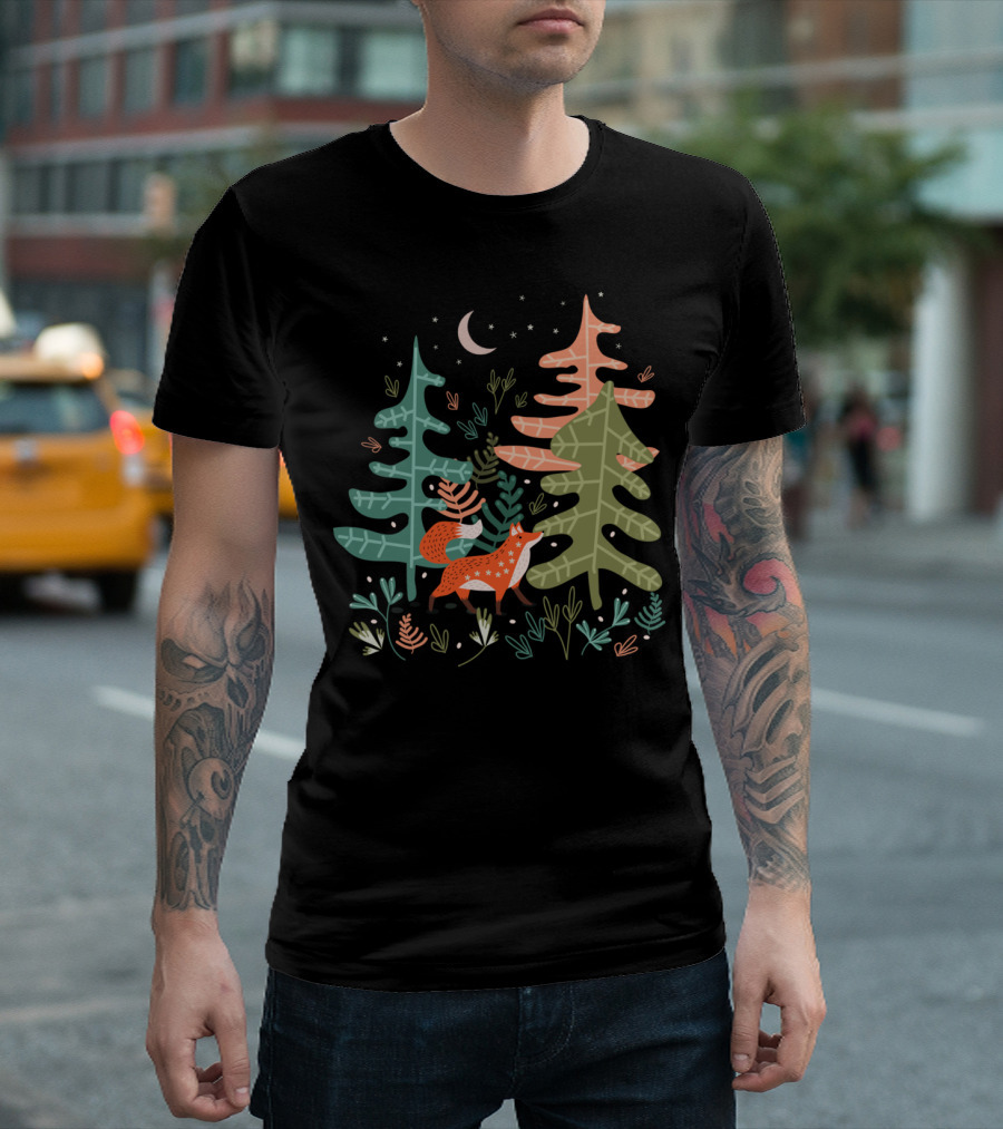 Evergreen Fox Tale Moonlit Forest Scene T-Shirt